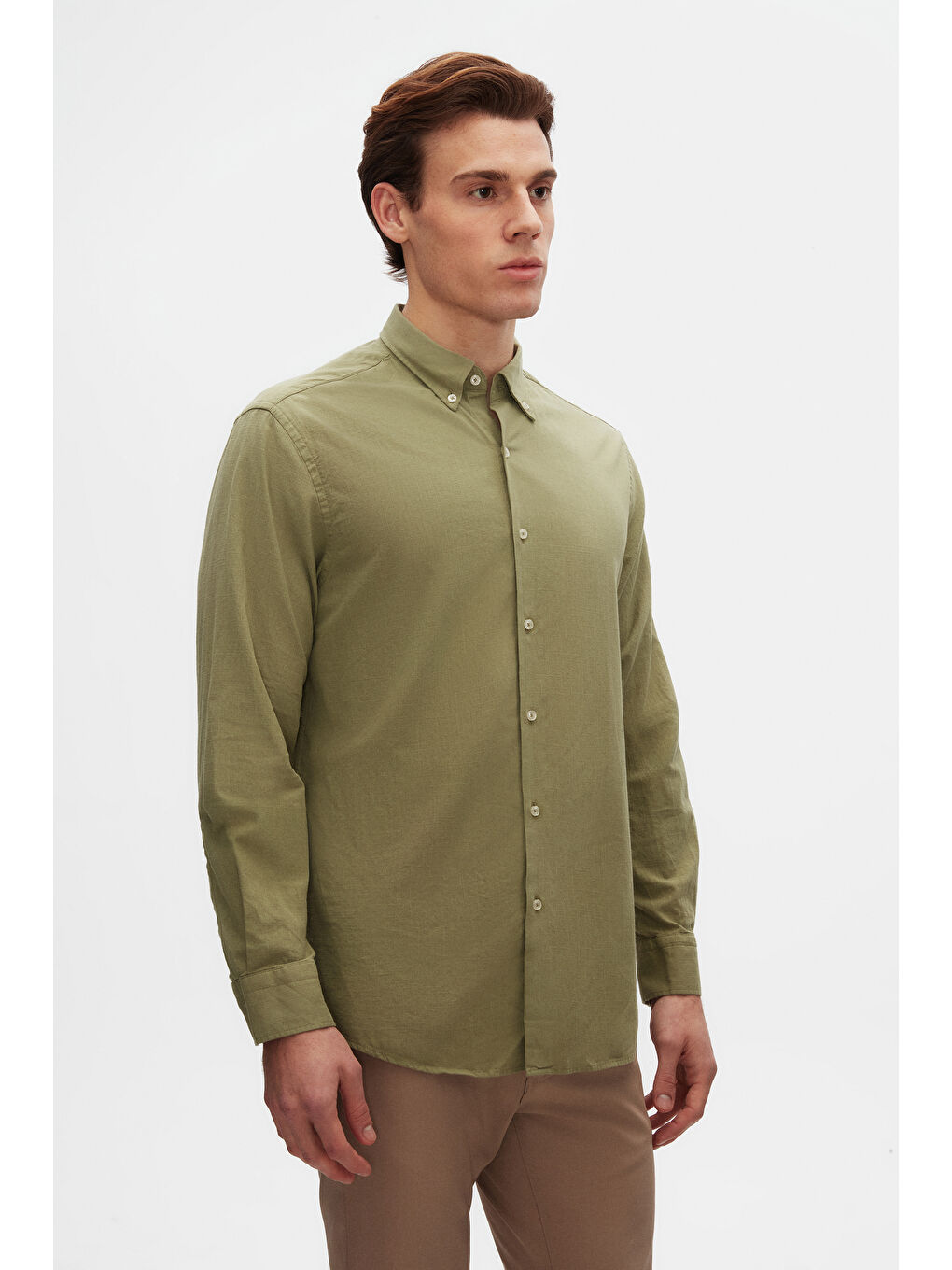 Comfort Yeşil Düğmeli Yaka Rahat Kesim Keten Görünümlü %100 Pamuk Gömlek-1