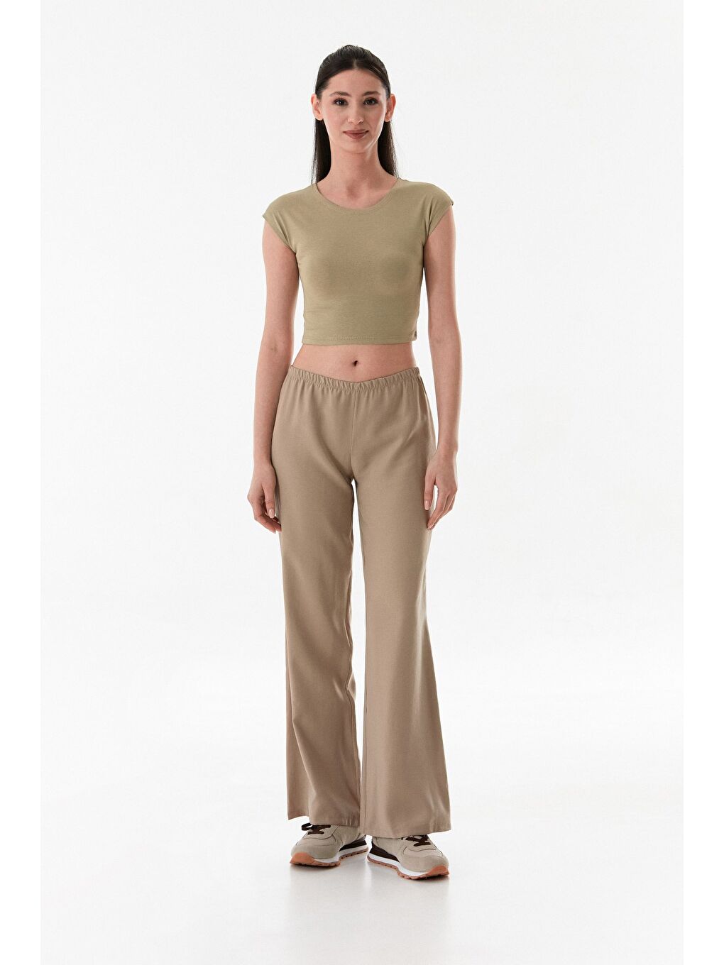 Bej Beli Lastikli Düşük Bel Modal Palazzo Pantolon