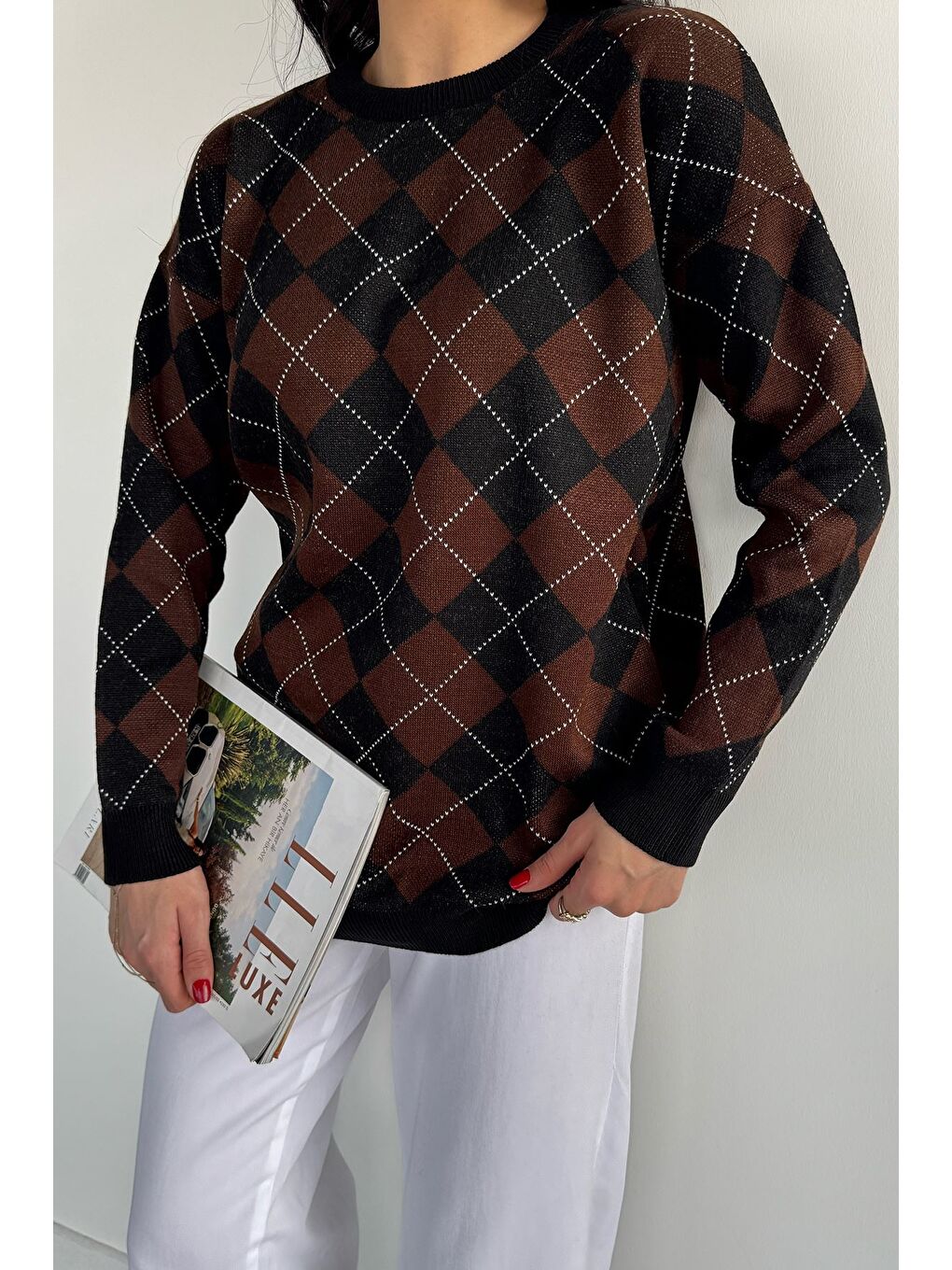 Kahverengi Kadın Ekose Desenli Bisiklet Yaka Triko Kazak-2