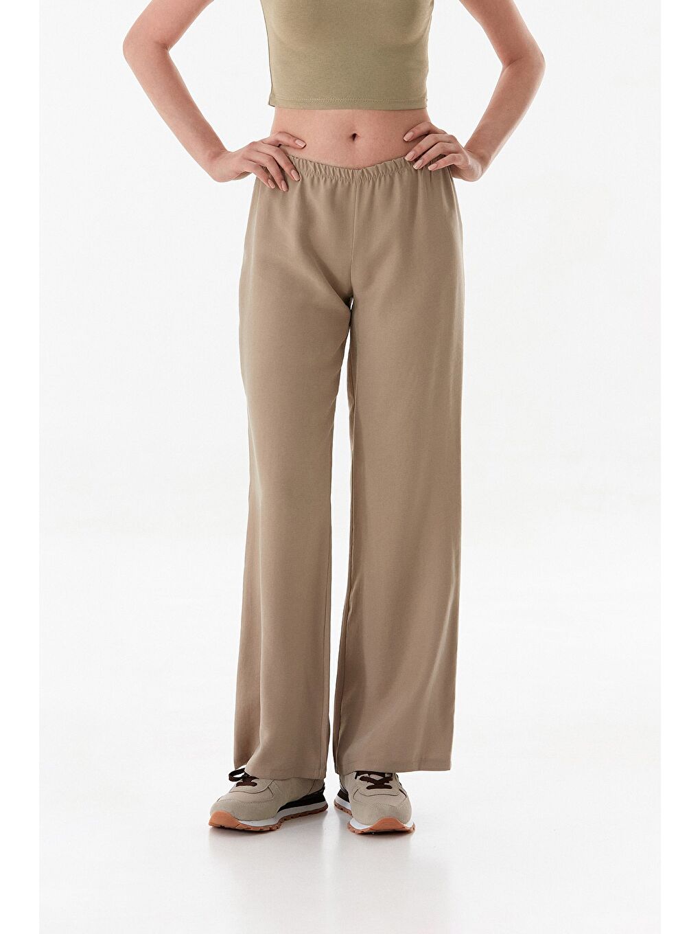 Bej Beli Lastikli Düşük Bel Modal Palazzo Pantolon-2