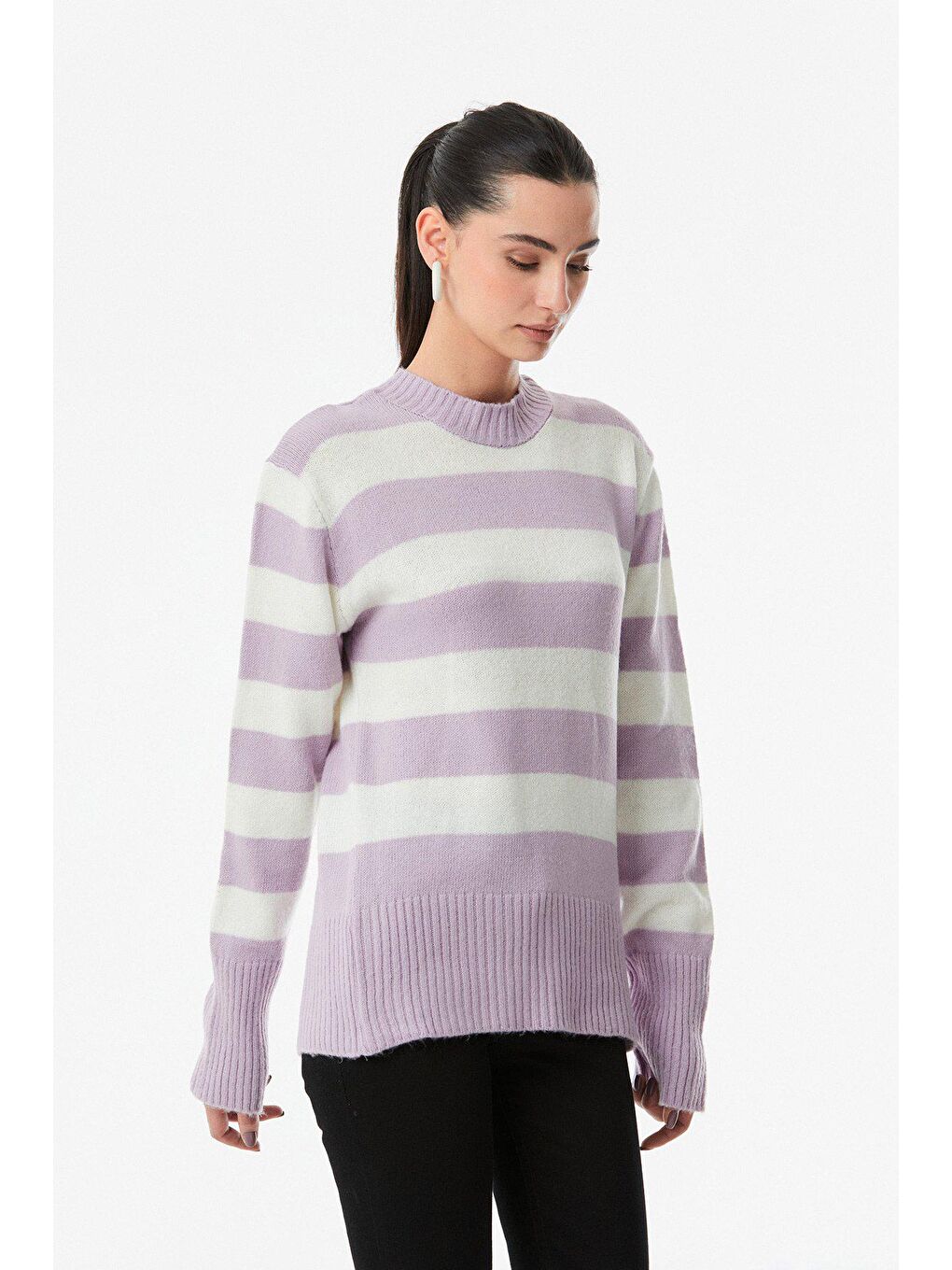 Lila Çizgili Bisiklet Yaka Triko Kazak-4