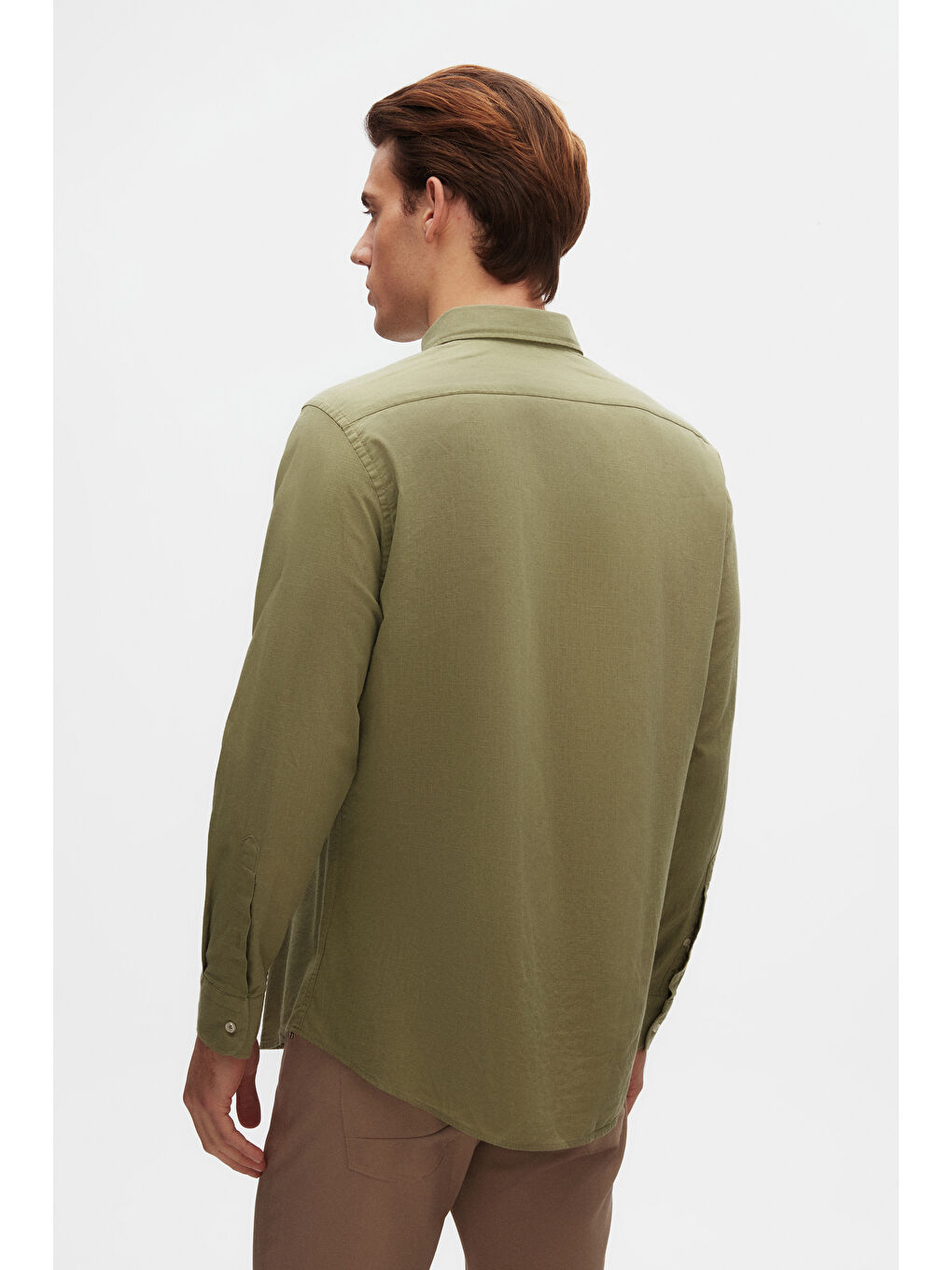 Comfort Yeşil Düğmeli Yaka Rahat Kesim Keten Görünümlü %100 Pamuk Gömlek-2