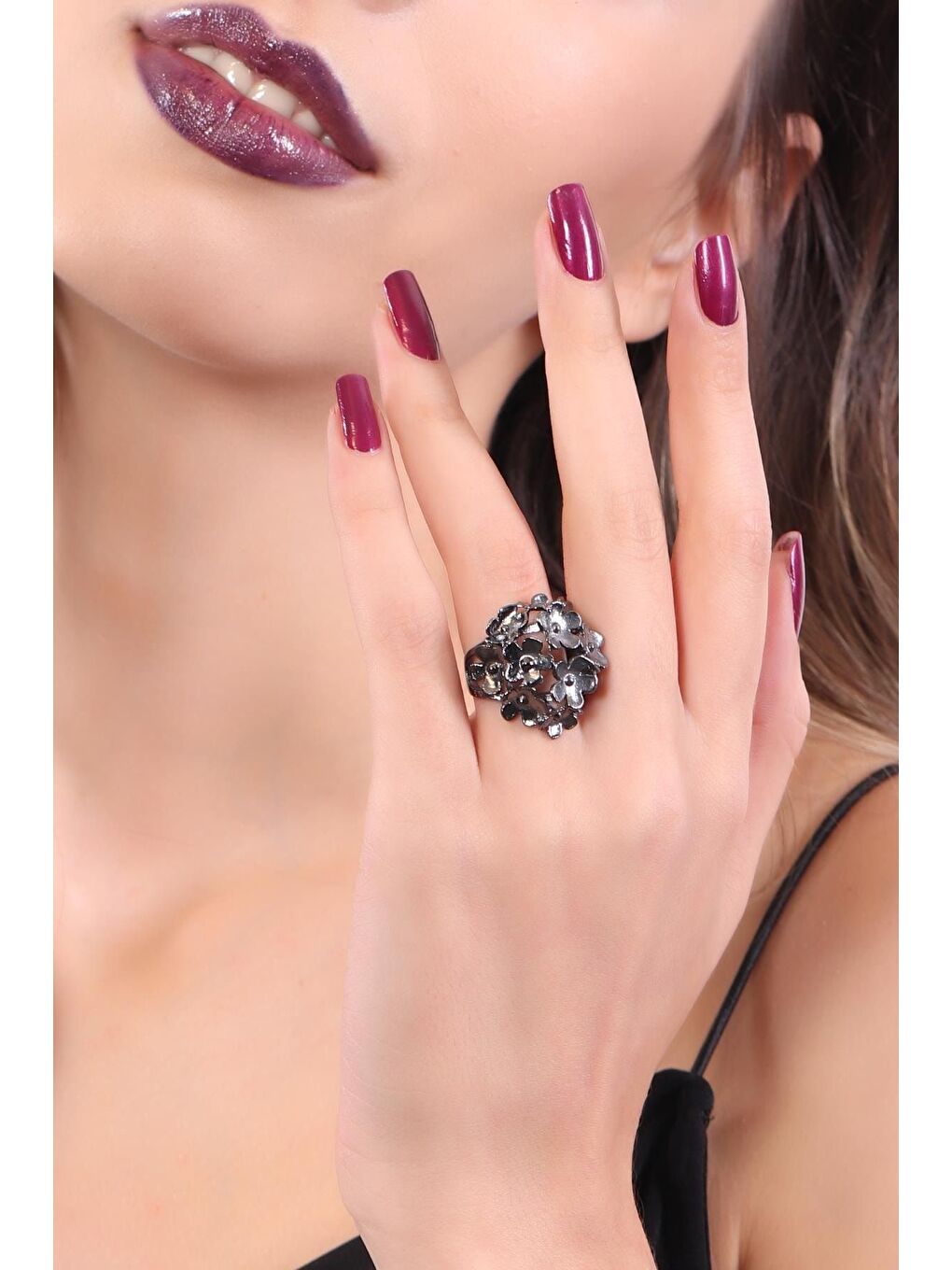 Kadın Antrasit Lak Kaplama Ayarlanabilir Kırçiçeği Yüzük-4