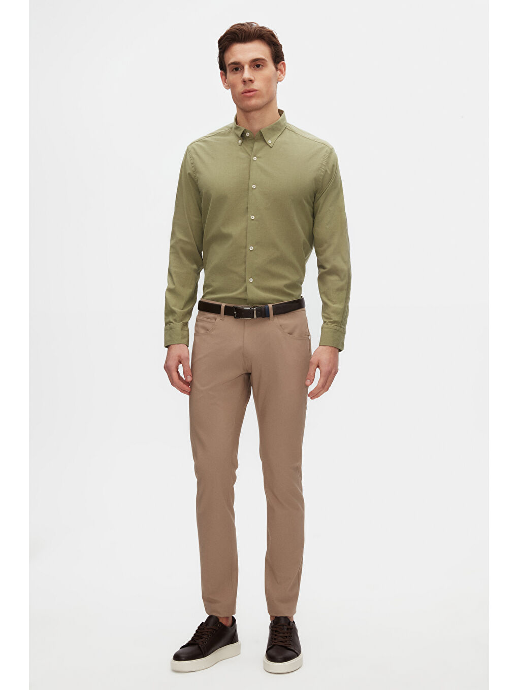 Comfort Yeşil Düğmeli Yaka Rahat Kesim Keten Görünümlü %100 Pamuk Gömlek-3