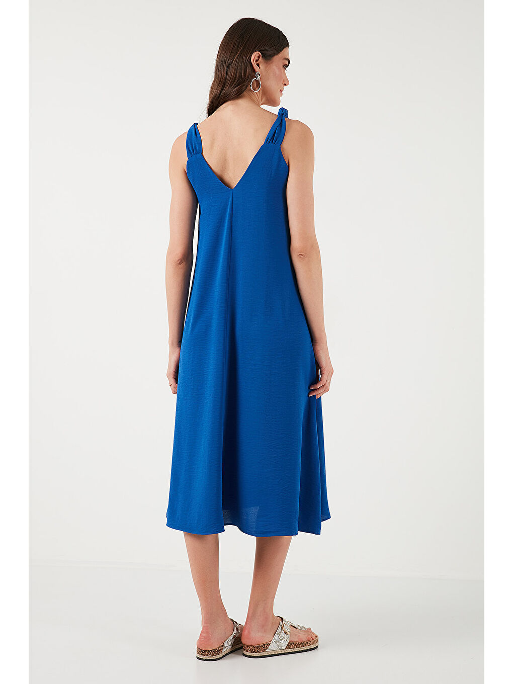 Mavi Oversize Fit V Yaka Midi Boy Basic Kadın Elbise 6788688-6