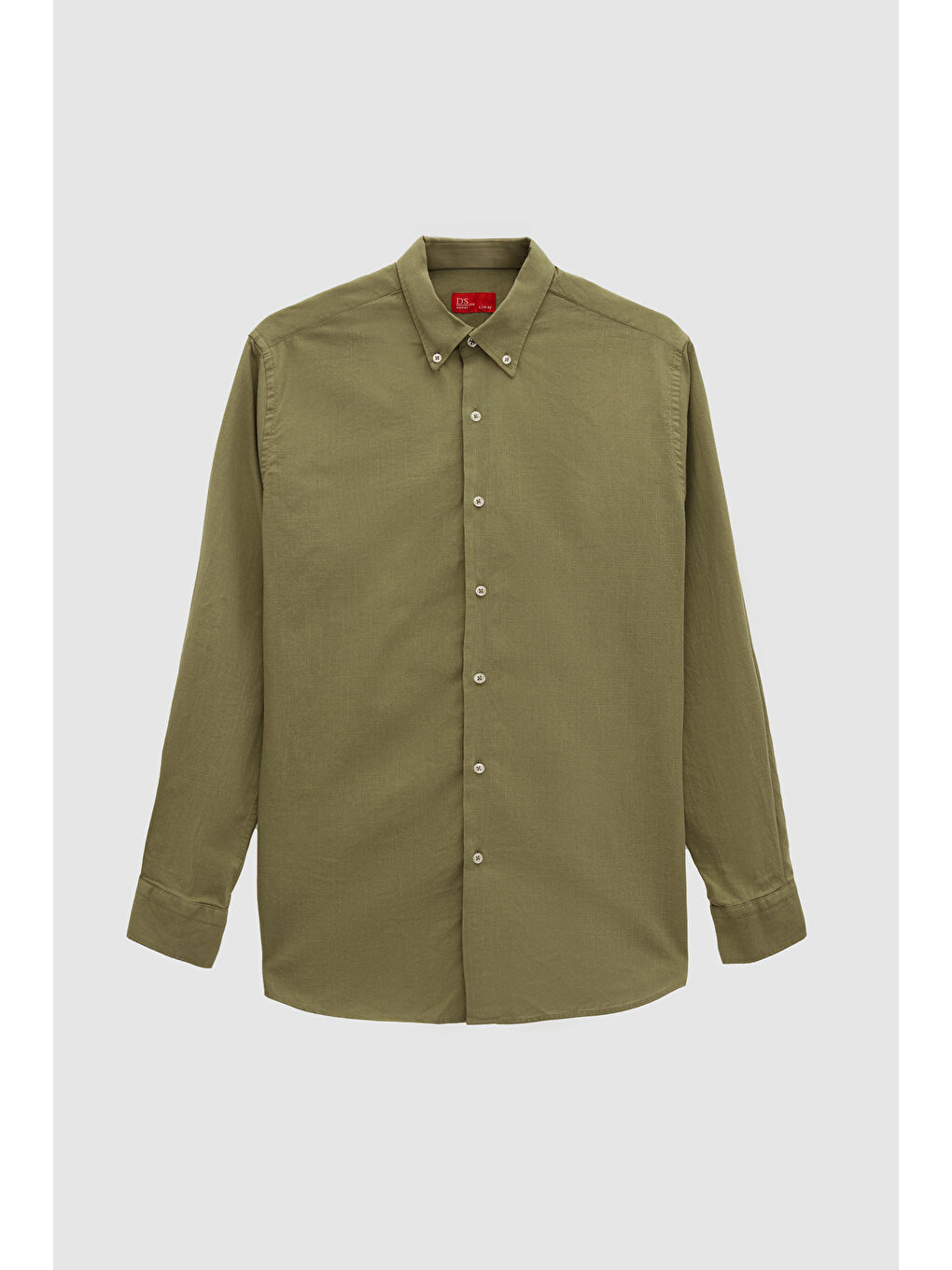 Comfort Yeşil Düğmeli Yaka Rahat Kesim Keten Görünümlü %100 Pamuk Gömlek-4