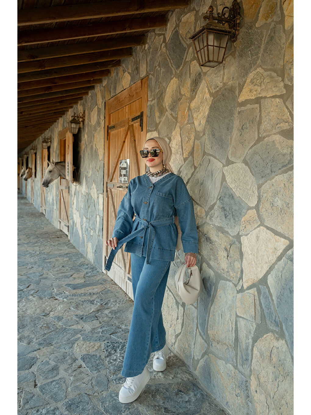 Kadın Kemerli Jean Takım Açık Mavi-2