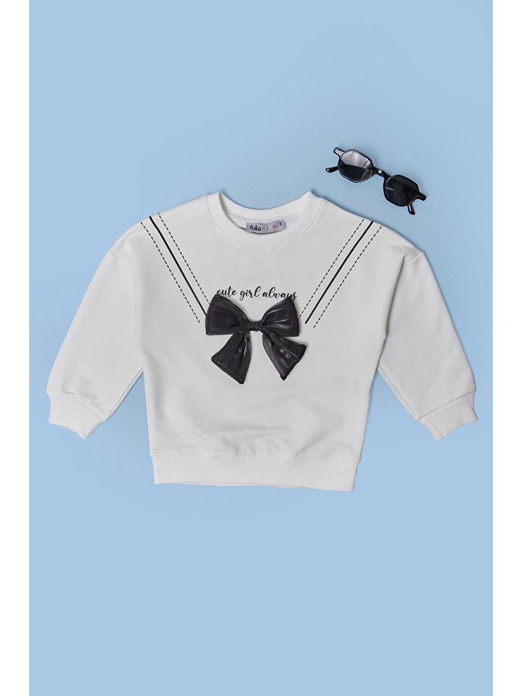 Ekru Fiyonklu Bisiklet Yaka Kız Çocuk Sweatshirt