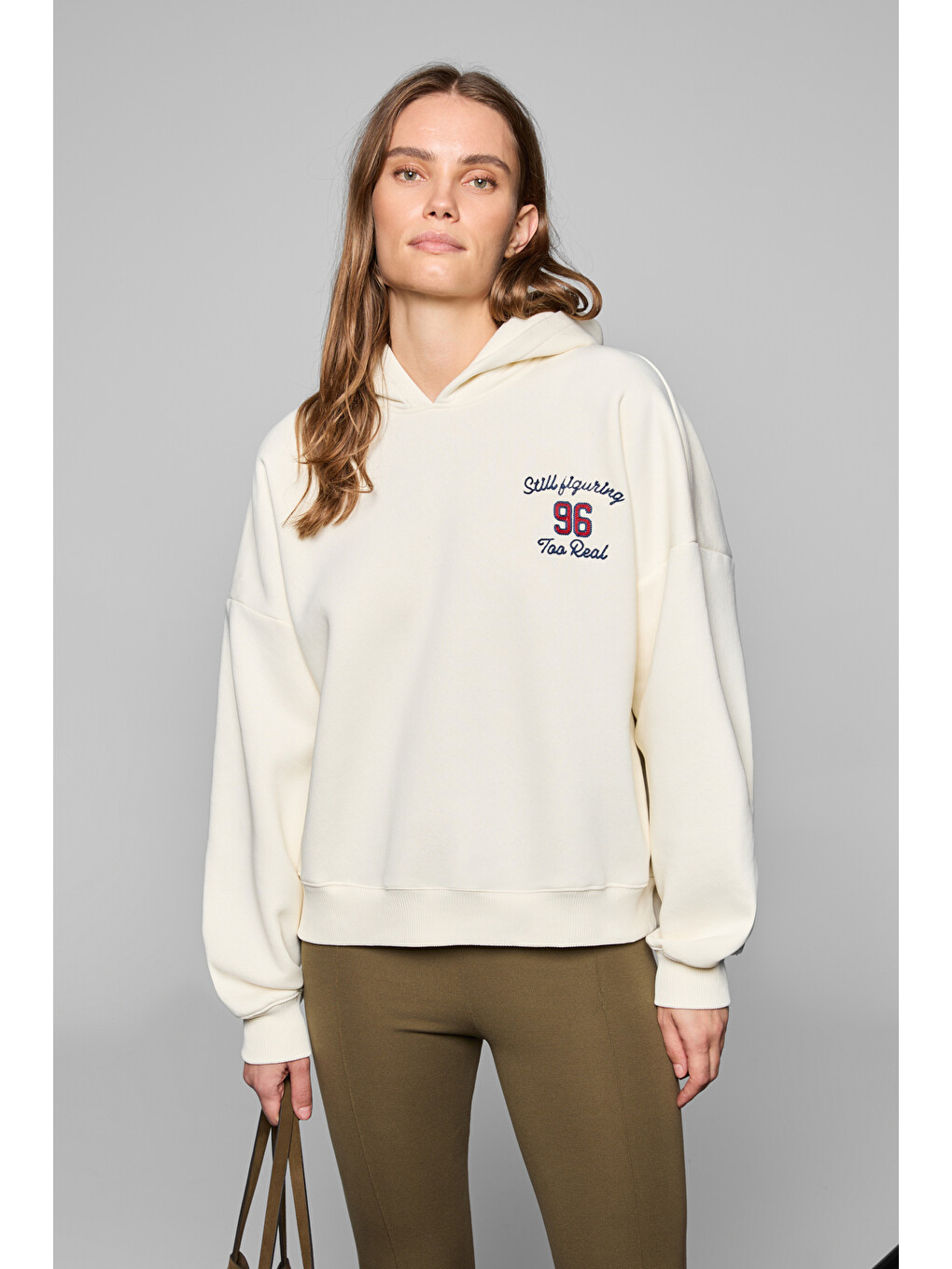 Luxe Kadın Renk Nakışlı Ve Arkası Baskı Detaylı Kapüşonlu Ekru Sweatshirt-2