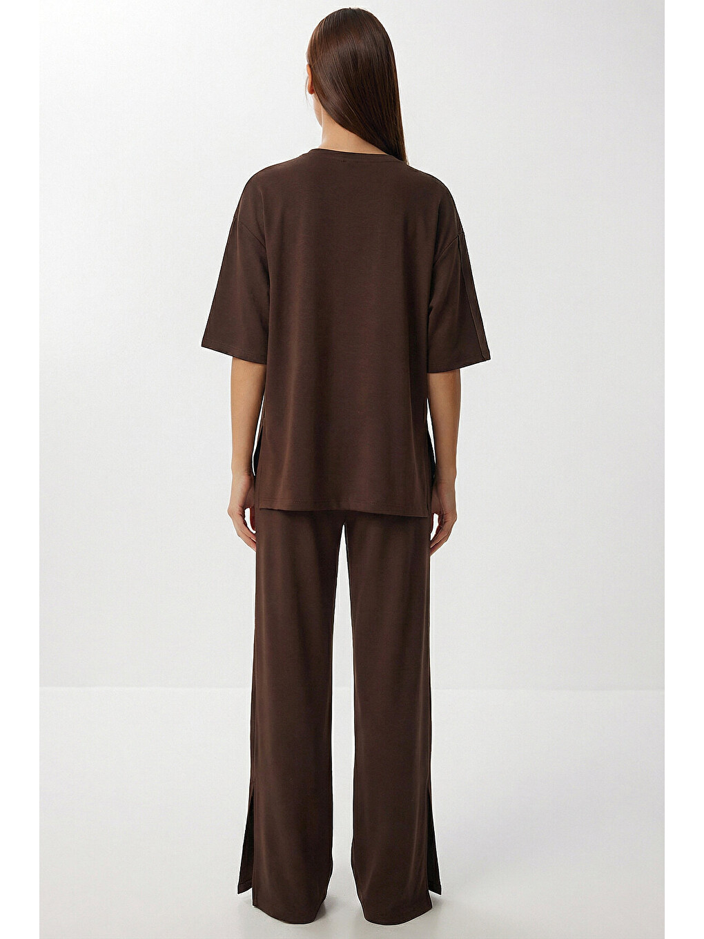 Kahverengi Oversize Yırtmaçlı Paraşüt Garnili Modal Takım KAHVERENGİ LBY0043-4