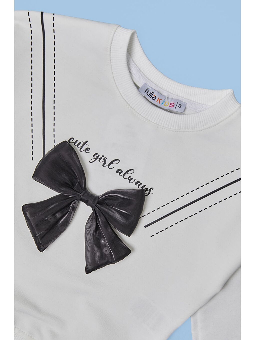 Ekru Fiyonklu Bisiklet Yaka Kız Çocuk Sweatshirt-1