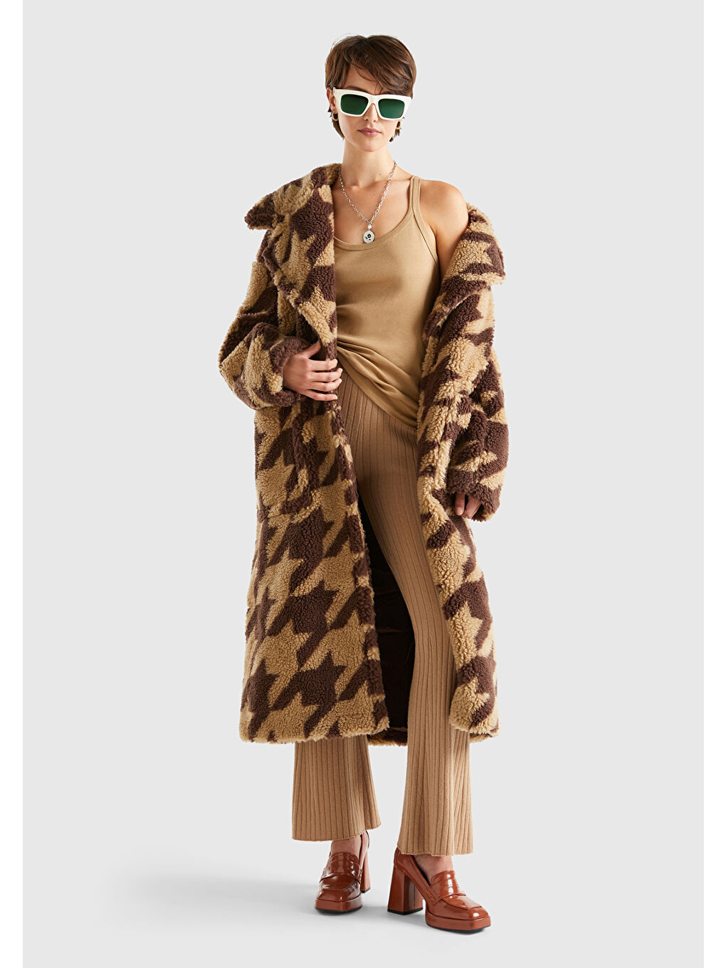 Kadın Kahverengi Kazayağı Teddy Palto-4