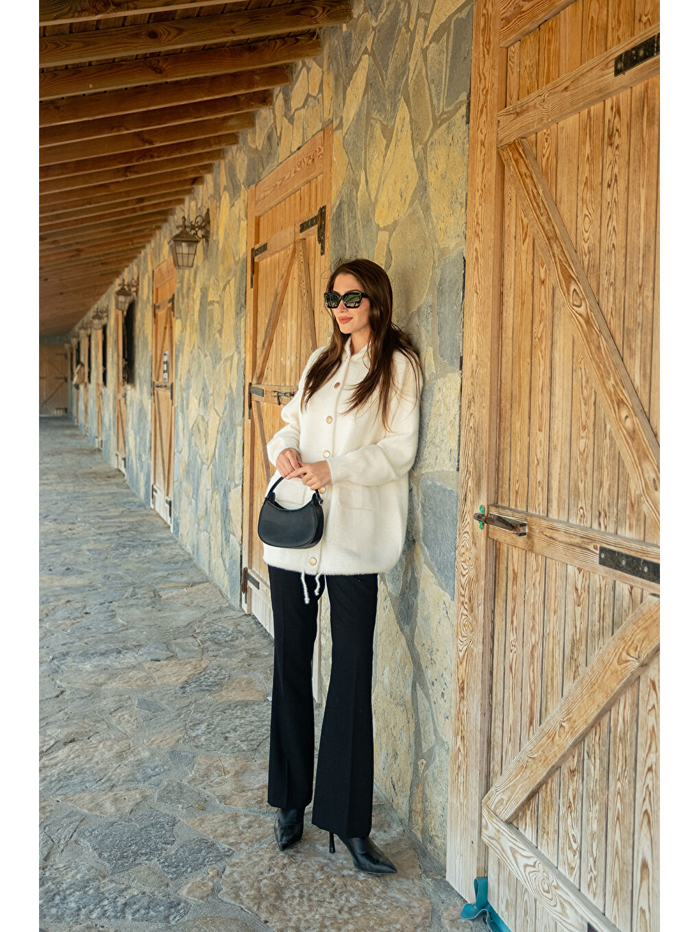 Kadın Kapüşonlu Triko Ceket Bej-4