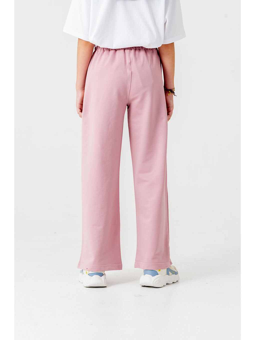 Pembe Geniş Paçalı Balık Sırtı Yanları Şeritli Kız Çocuk Eşofman Altı-6