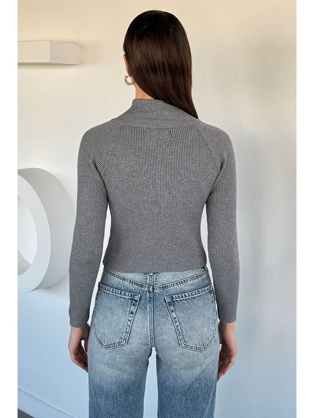 Gri Kadın Dik Yaka Çift Fermuarlı Triko Hırka-3