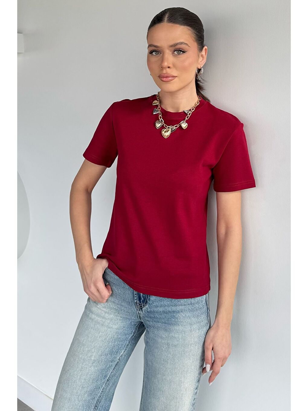 Bordo Kadın Bisiklet Yaka Basic Tişört