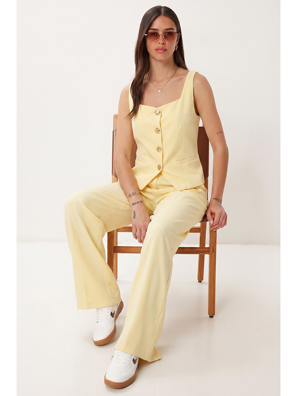Sarı Gold Düğmeli Dokuma Yelek-Pantolon Takım SARI LAZ0004-1