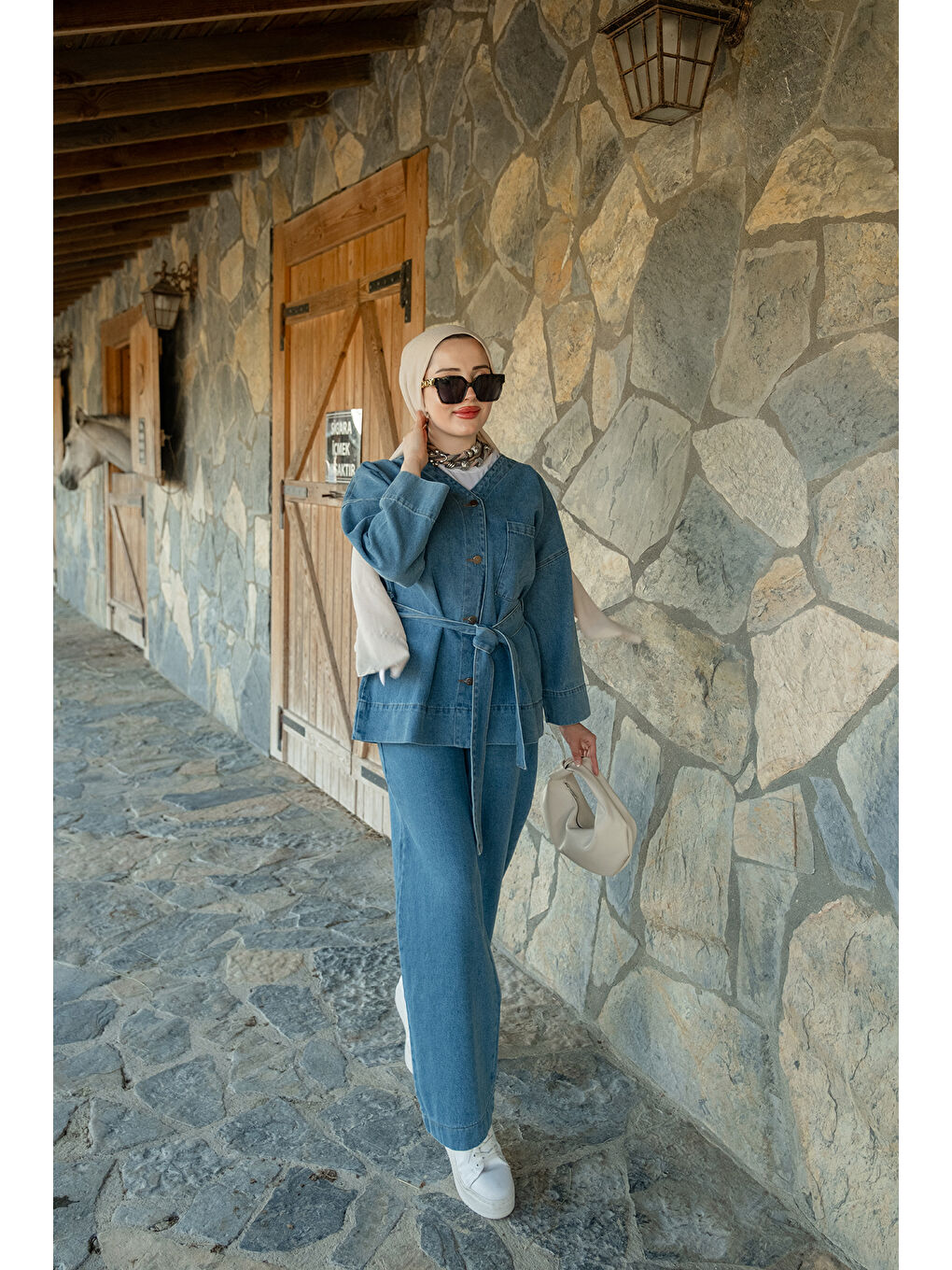 Kadın Kemerli Jean Takım Açık Mavi-3