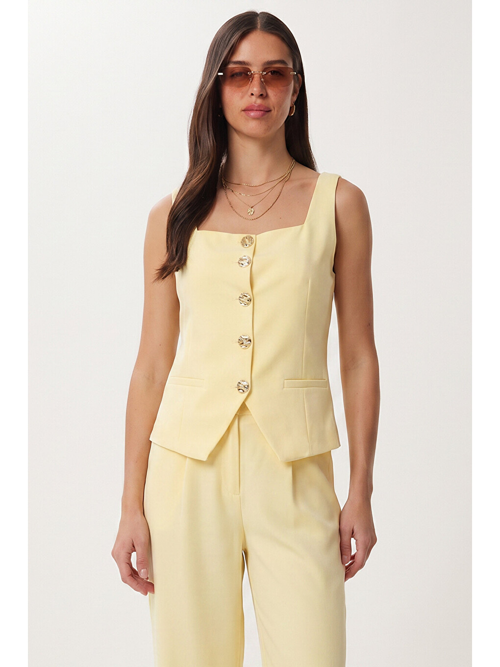 Sarı Gold Düğmeli Dokuma Yelek-Pantolon Takım SARI LAZ0004-2