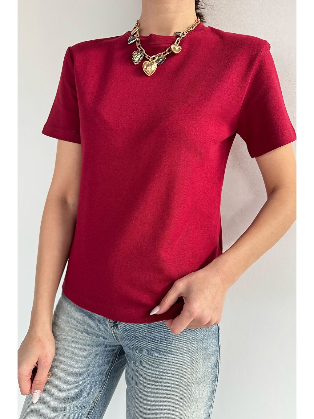 Bordo Kadın Bisiklet Yaka Basic Tişört-1