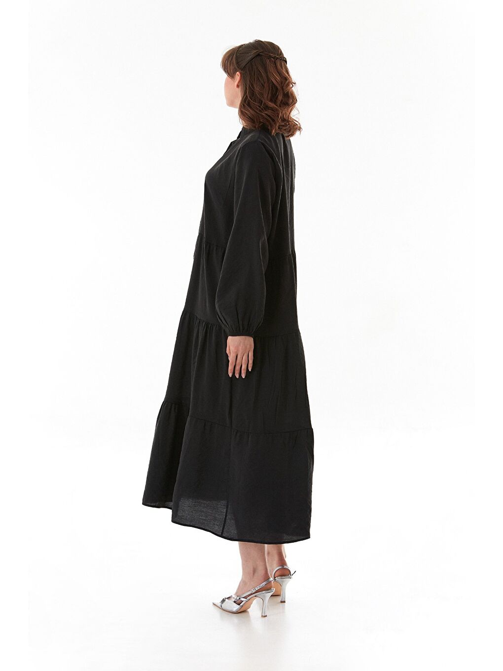 Siyah Fullamodest Kolları Lastikli Dik Yaka Elbise-2