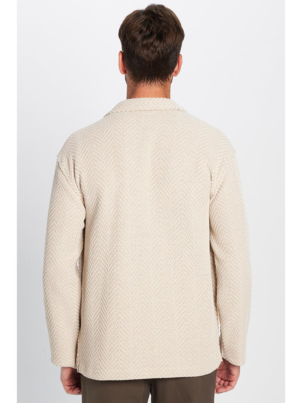 Ekru Erkek Relax Fit Rahat Kesim Örme Çift Cepli Çıtçıtlı Armürlü Gömlek-4