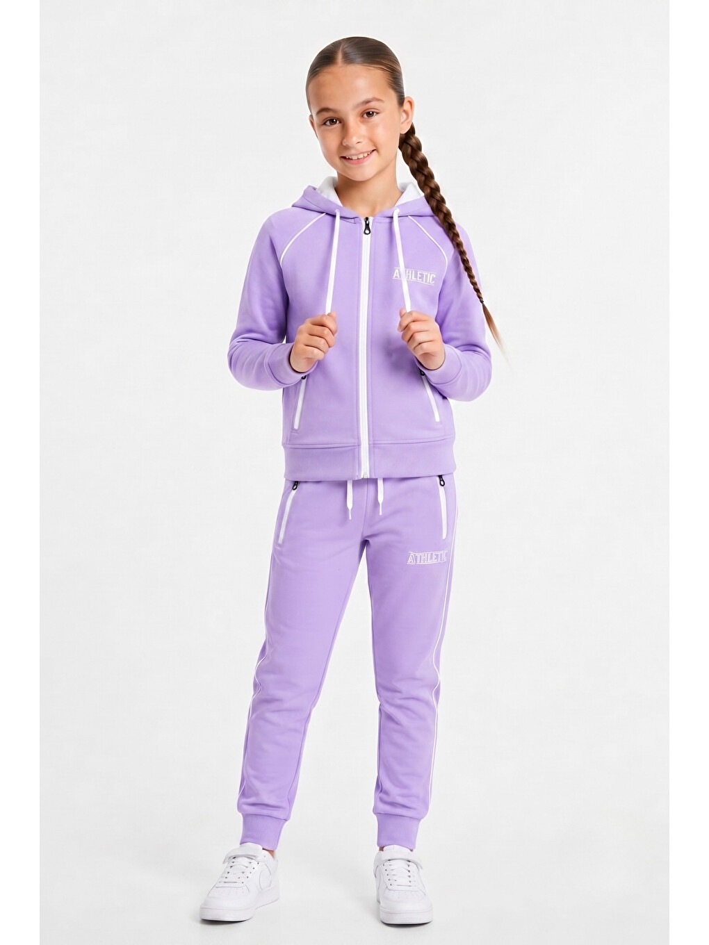 Lila Kız Çocuk Scuba Atheletic Reglan Kol Kapüşonlu Dalgıç Kumaş Eşofman Takımı Esf7027-1