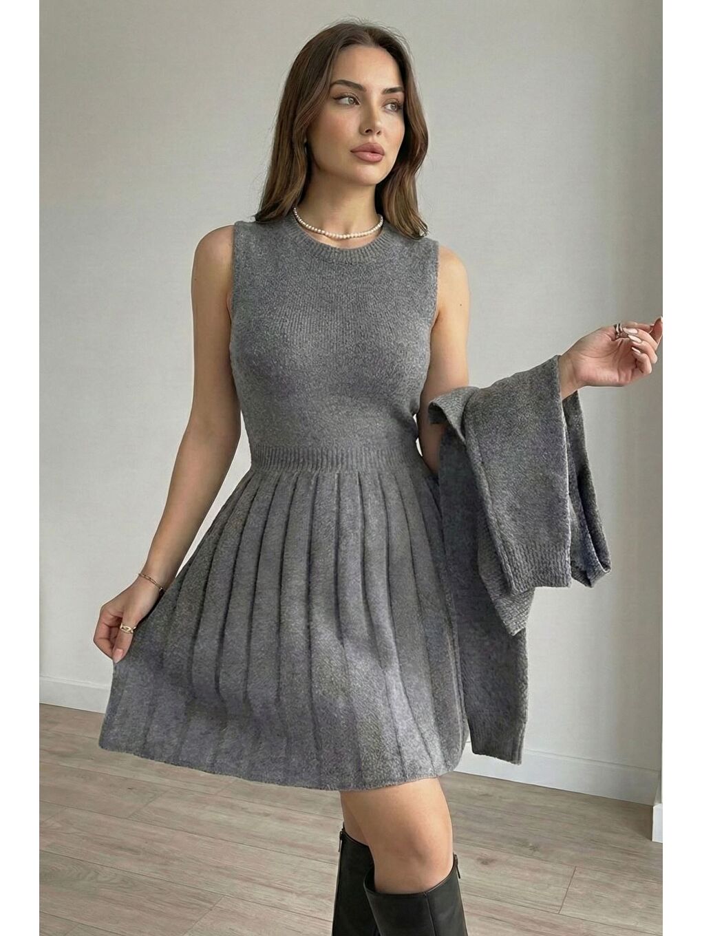Gri Kadın Hırka Kombinli Pileli Triko Elbise