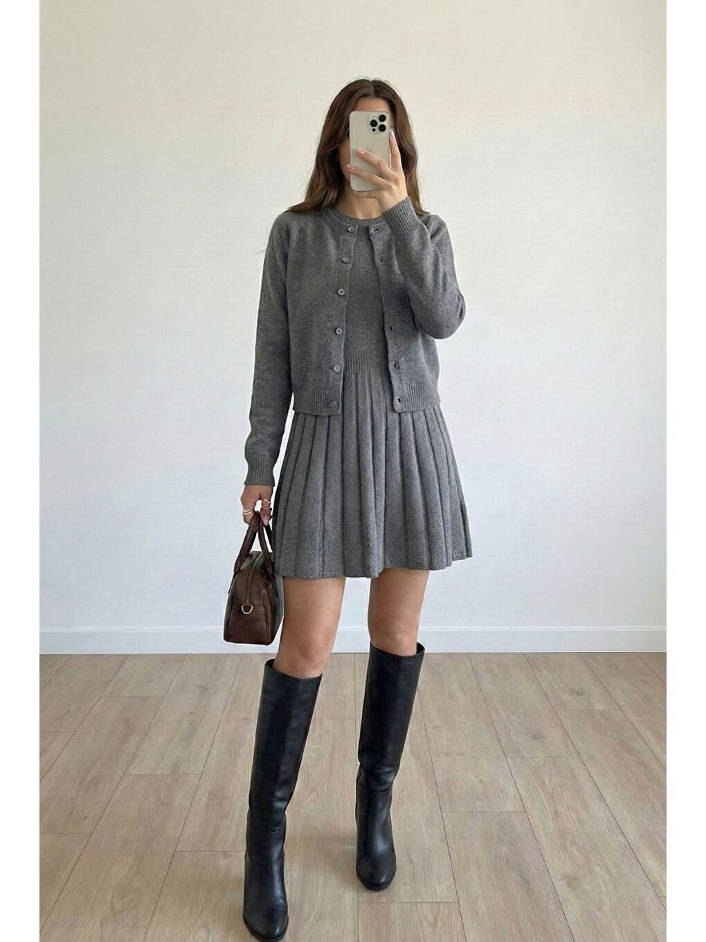 Gri Kadın Hırka Kombinli Pileli Triko Elbise-1