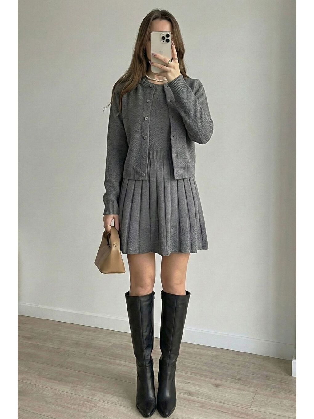 Gri Kadın Hırka Kombinli Pileli Triko Elbise-2