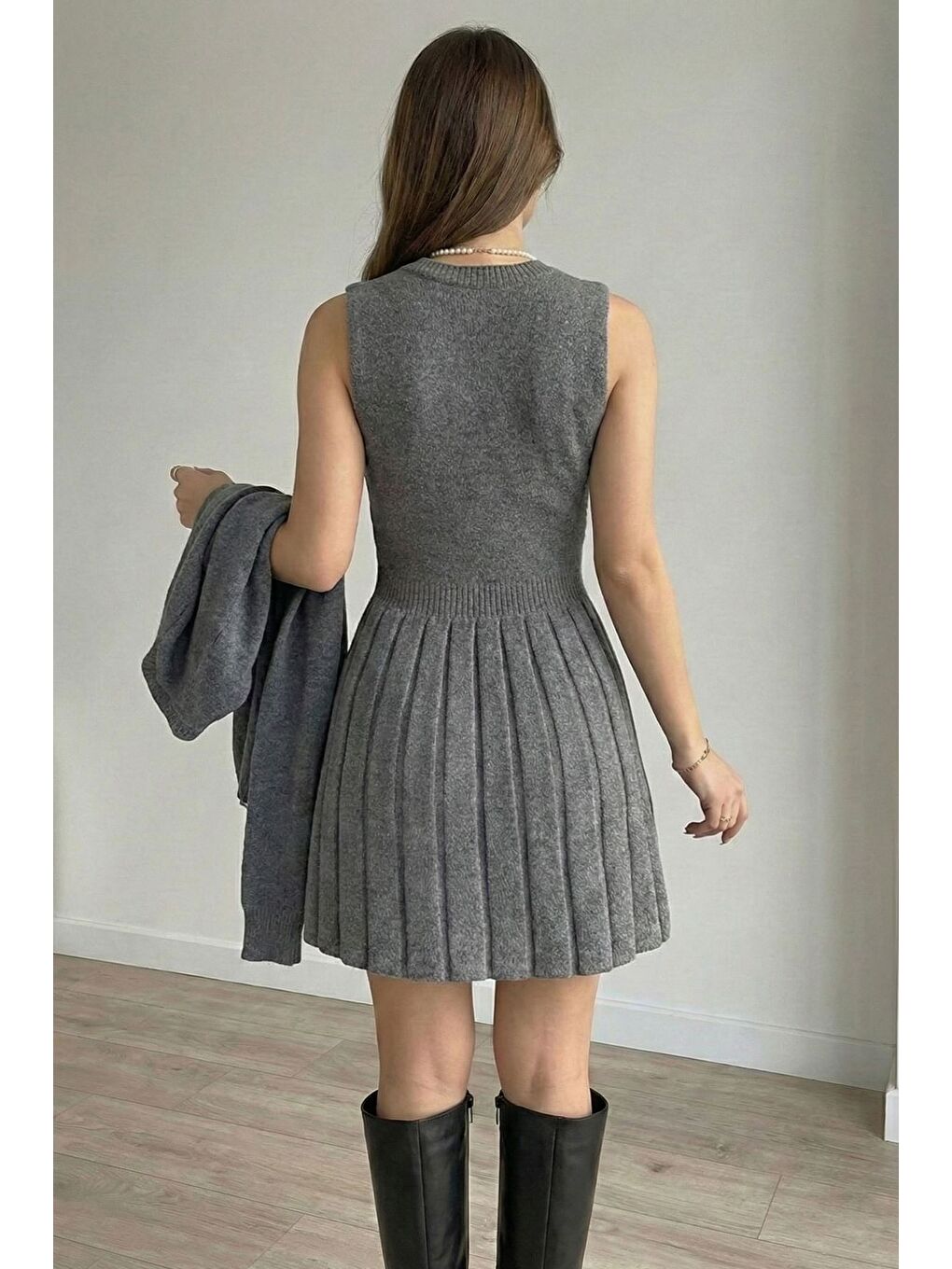 Gri Kadın Hırka Kombinli Pileli Triko Elbise-3