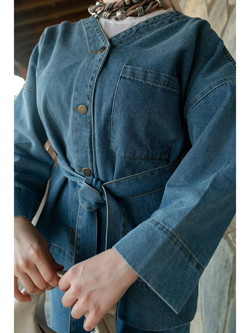 Kadın Kemerli Jean Takım Açık Mavi-4