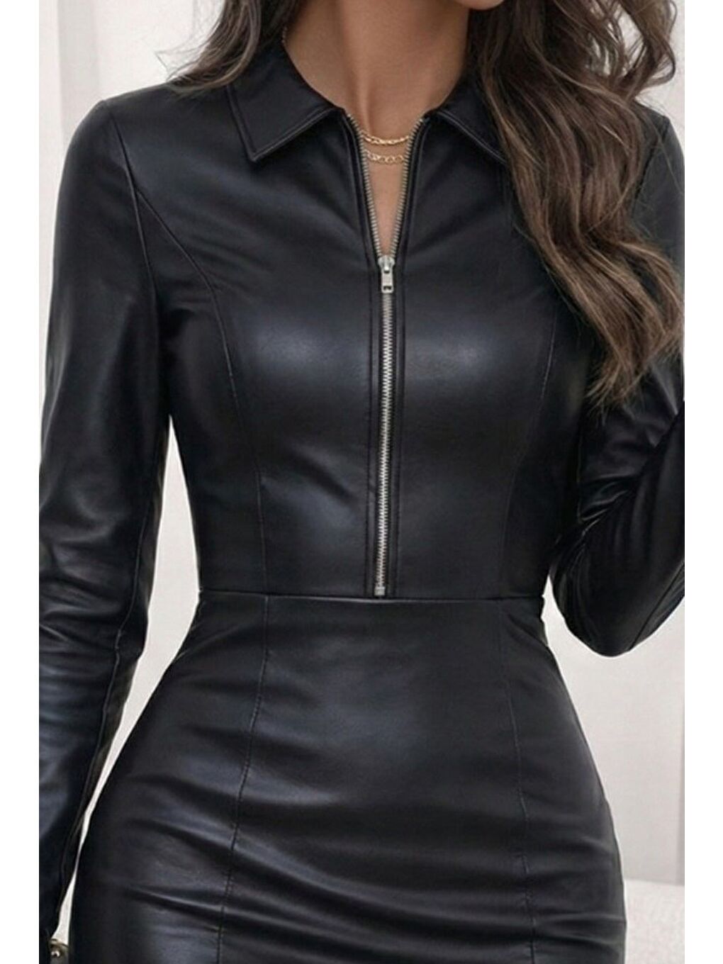 Siyah Kadın Uzun Kollu Yakalı Fermuarlı Mini Deri Elbise-1