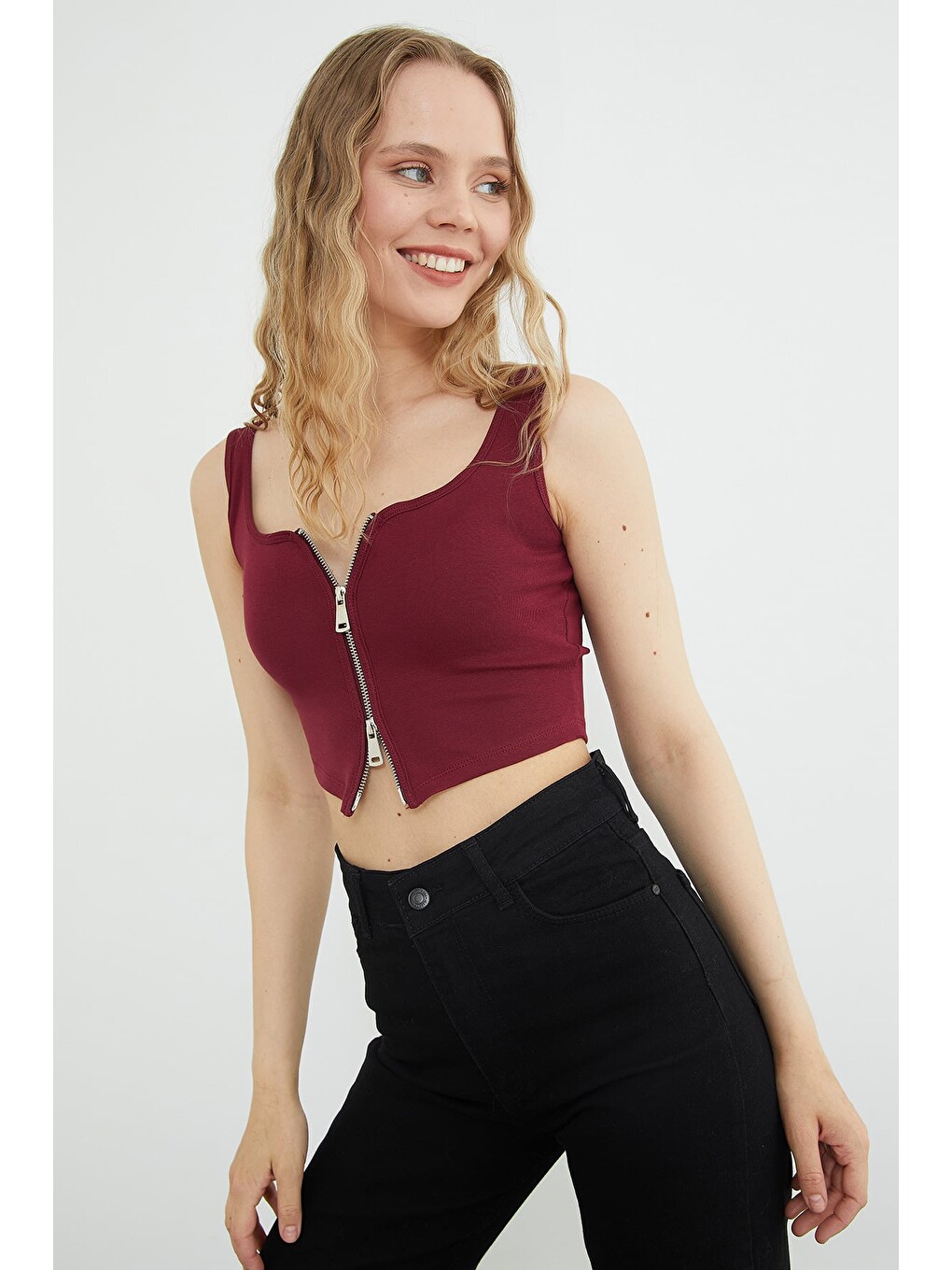 Bordo Basic Çift Fermuarlı Kaplı Bluz