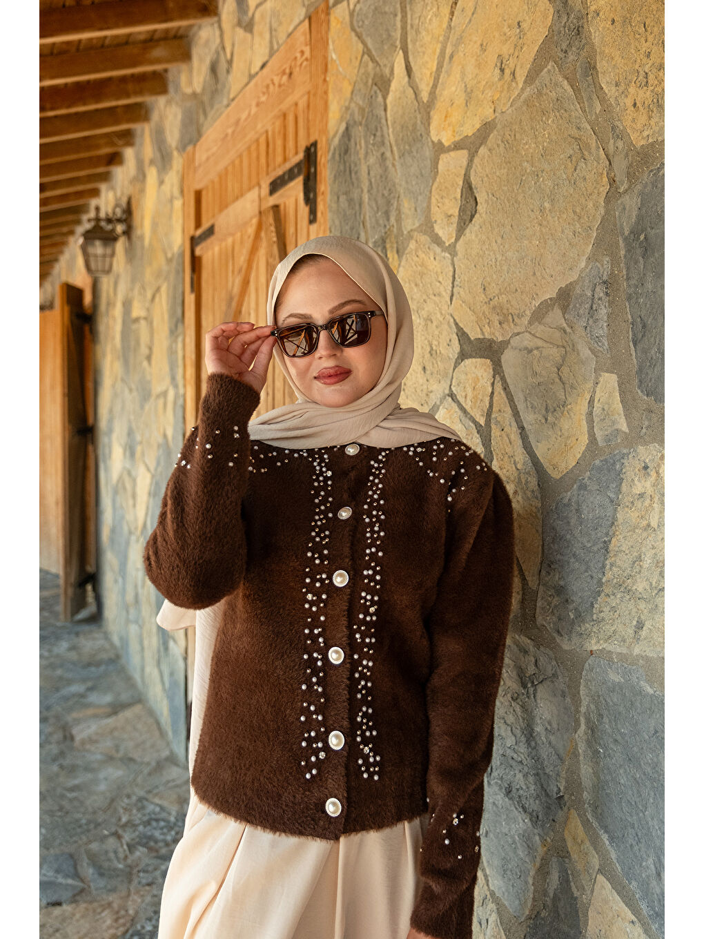 Kadın Taş Detay Triko Ceket Kahverengi