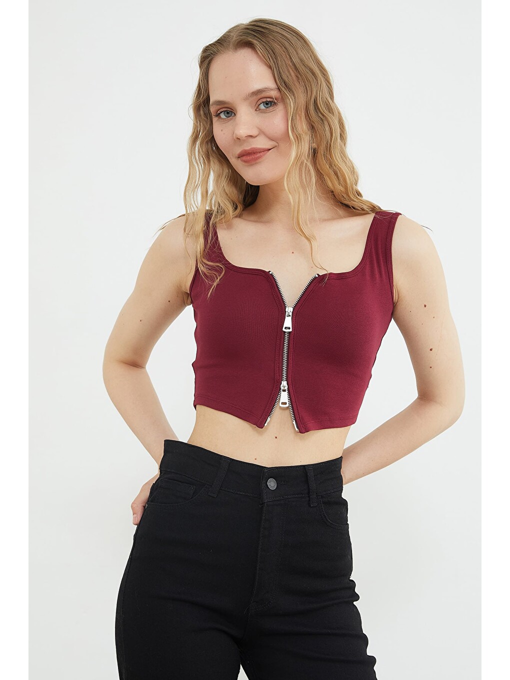 Bordo Basic Çift Fermuarlı Kaplı Bluz-1