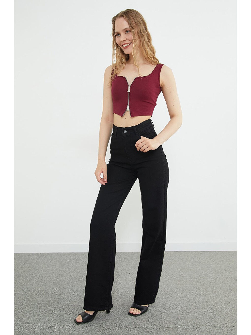 Bordo Basic Çift Fermuarlı Kaplı Bluz-3