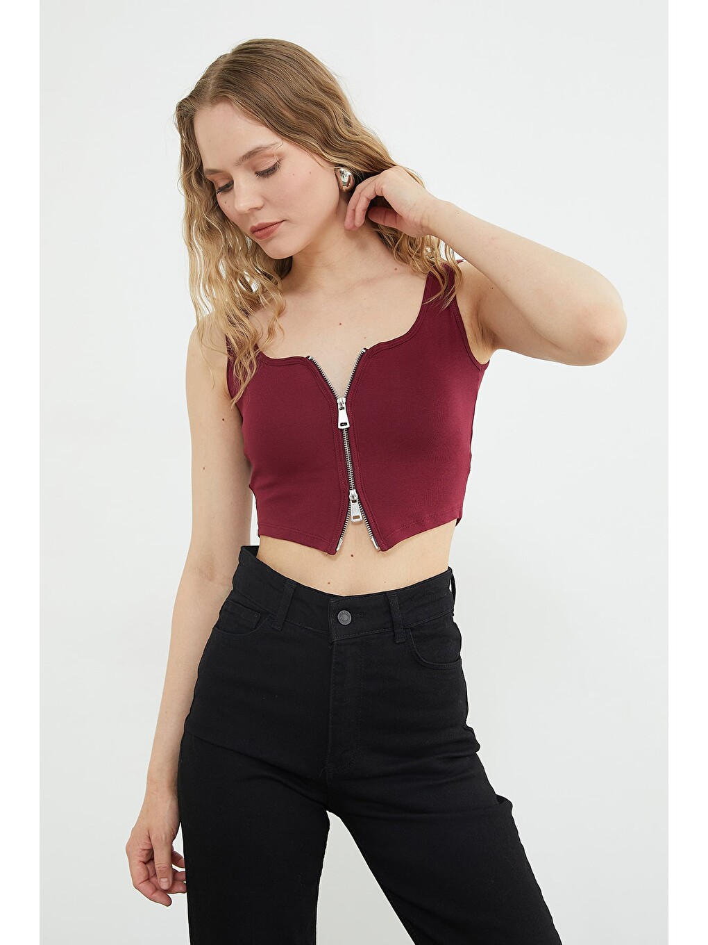 Bordo Basic Çift Fermuarlı Kaplı Bluz-4