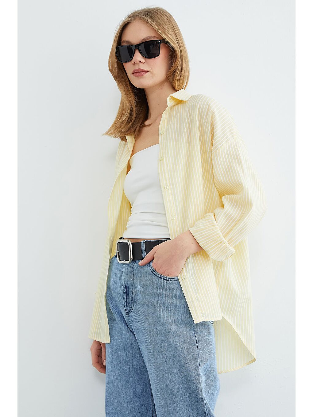Sarı Çizgili Arkası Uzun Oversize Gömlek-2