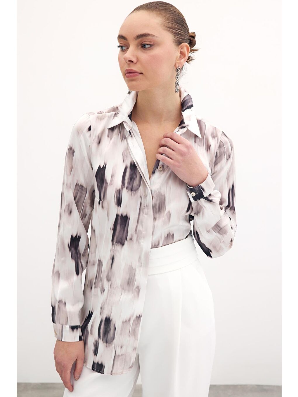 Desenli Düz Gömlek - Bej