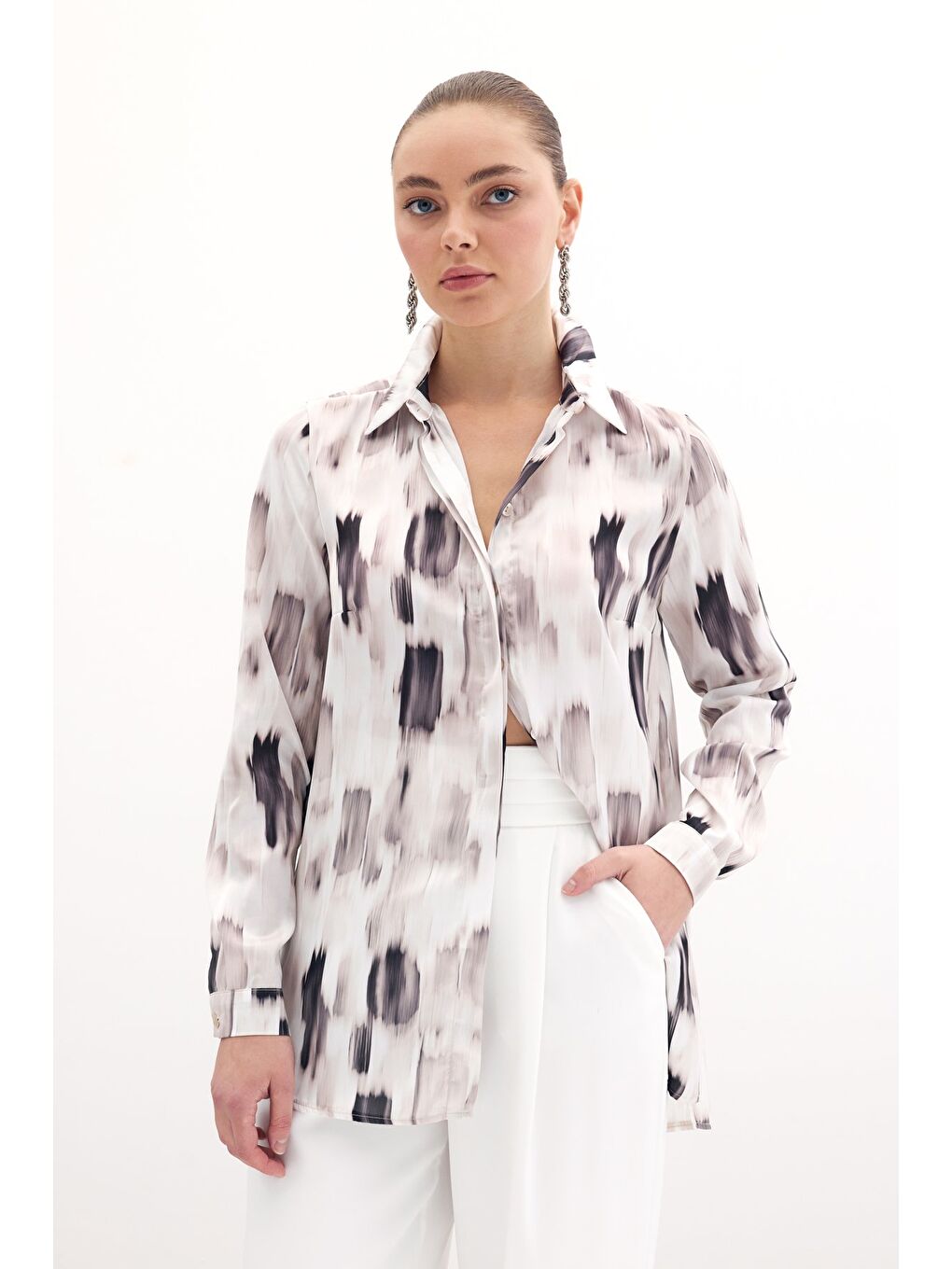 Desenli Düz Gömlek - Bej-1