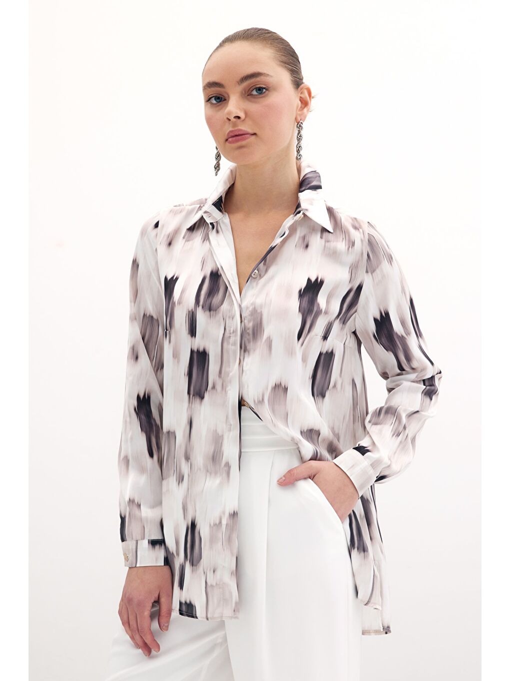 Desenli Düz Gömlek - Bej-2