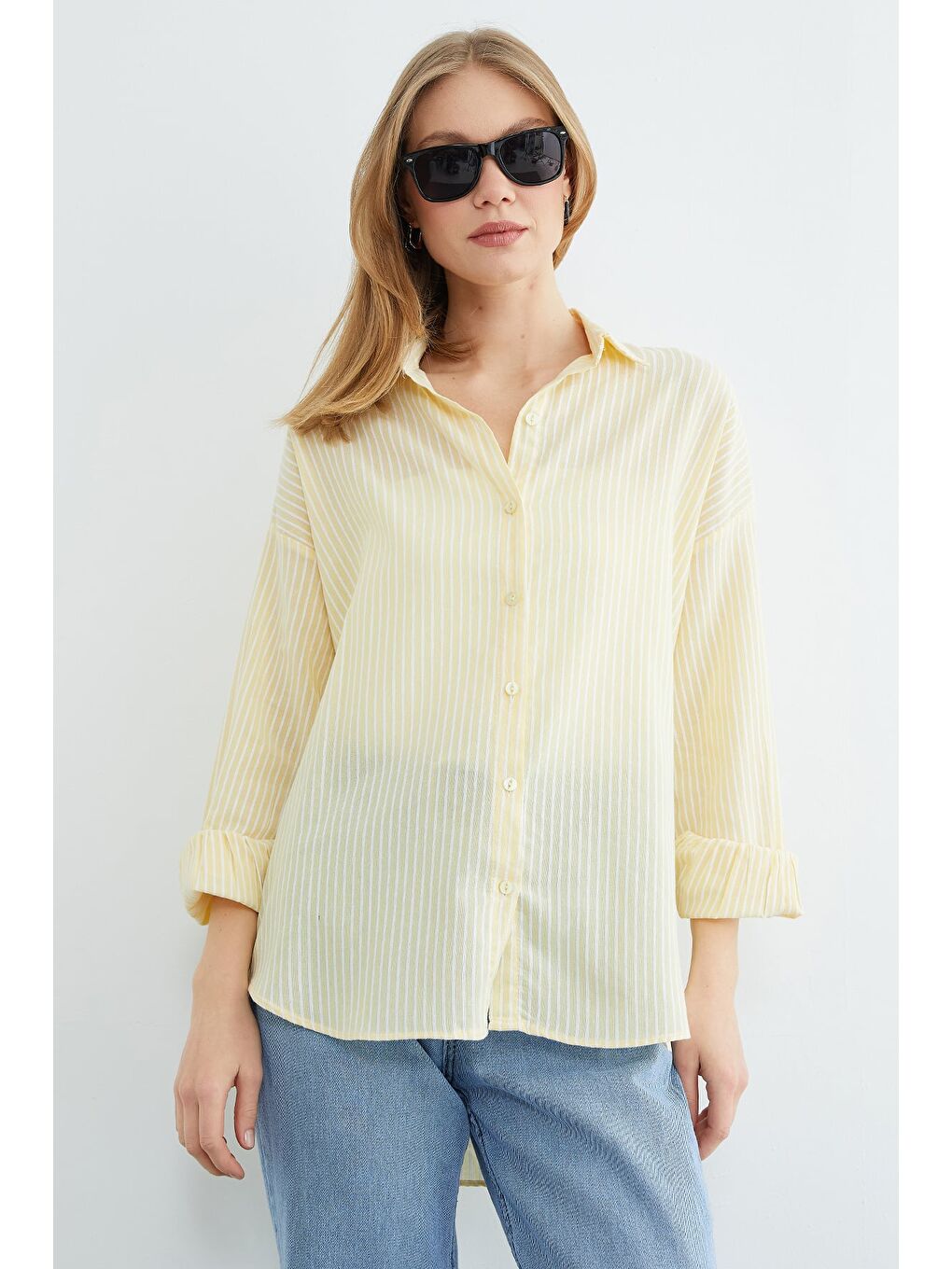 Sarı Çizgili Arkası Uzun Oversize Gömlek-4