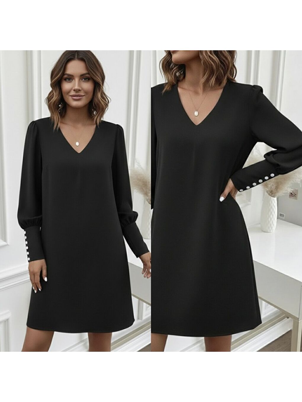 Siyah Kadın Uzun Kollu V Yakalı Kısa Ithal Krep Elbise-2