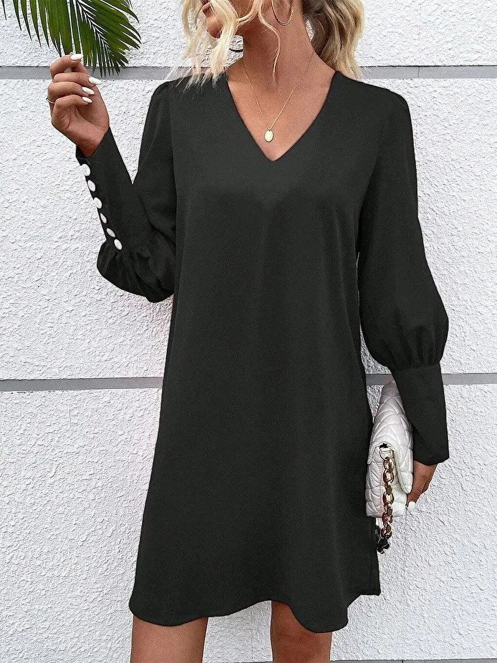 Siyah Kadın Uzun Kollu V Yakalı Kısa Ithal Krep Elbise-4