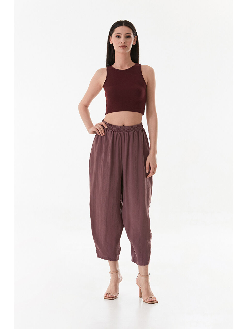 Pembe Beli Lastikli Çimalı Ayrobin Kumaş Şalvar Pantolon