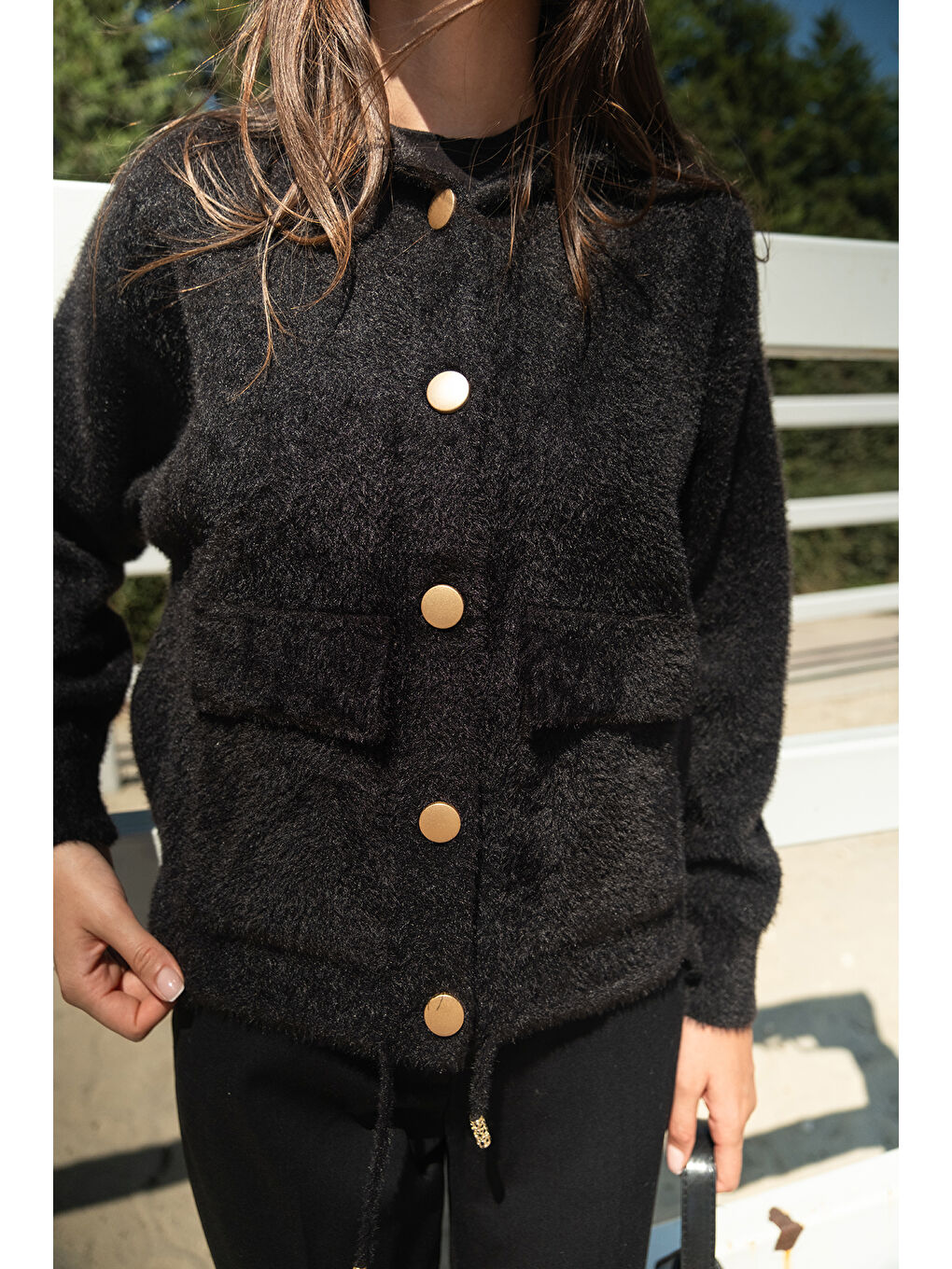 Kadın Kapüşonlu Kısa Triko Ceket Siyah-4