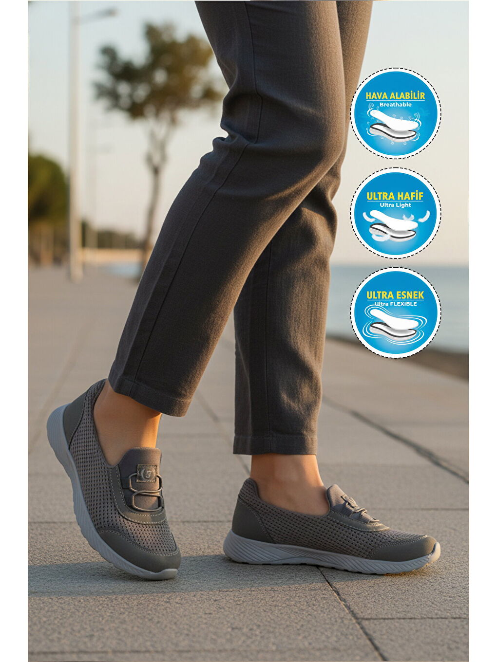 Gri Füme Fileli Hafif Esnek Kolay Giyilebilir Kadın Casual Ayakkabı 575 G-2