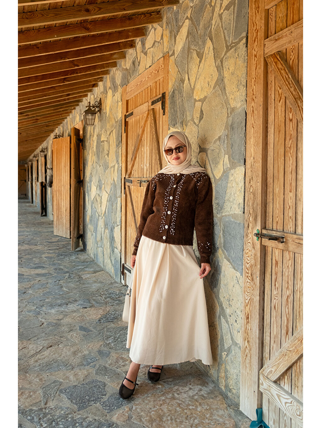 Kadın Taş Detay Triko Ceket Kahverengi-1