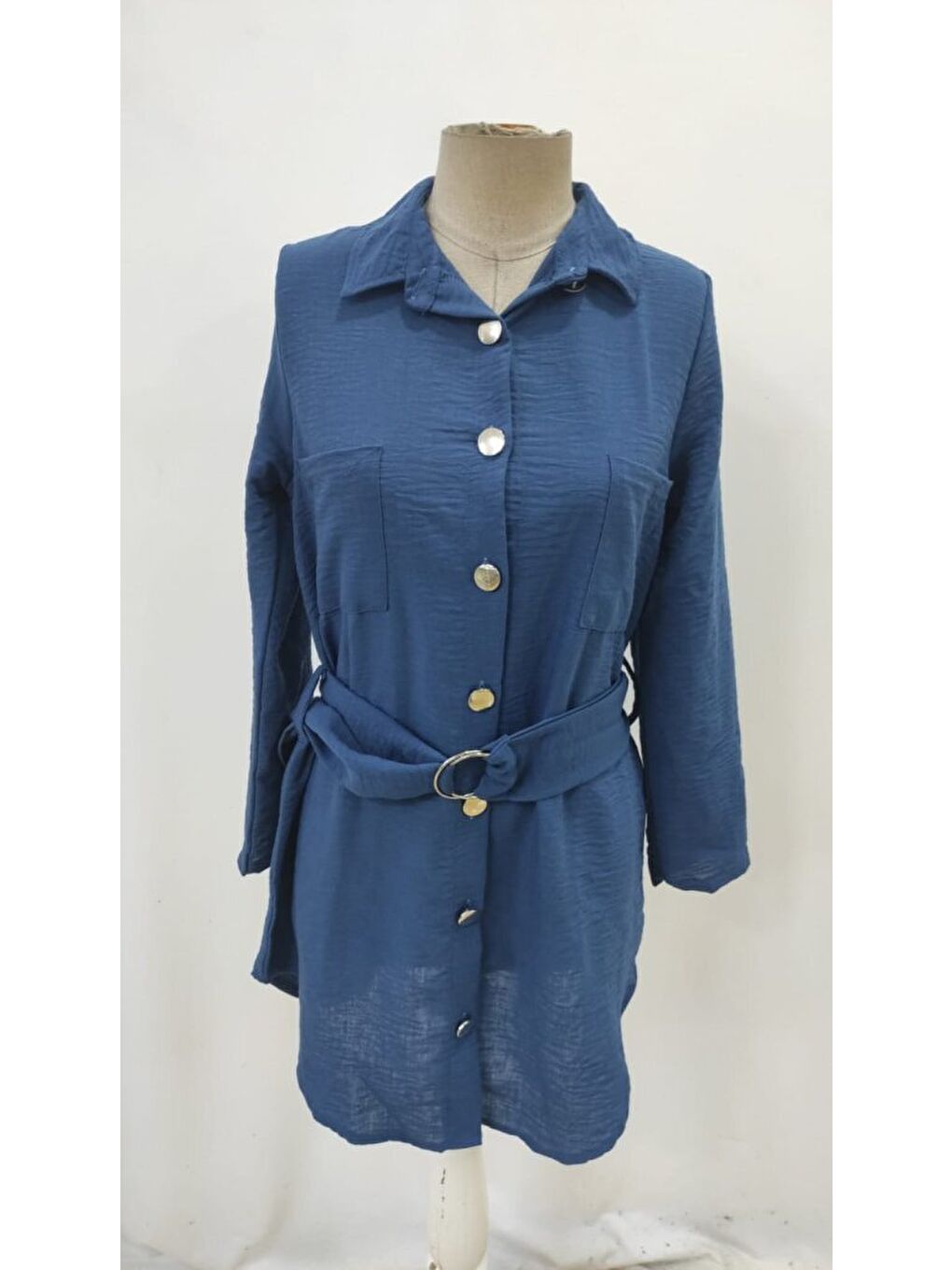 Mavi Kadın Uzun Kollu Yakalı önden Düğmeli Beli Kuşaklı Mini Ithal Keten Elbise-2